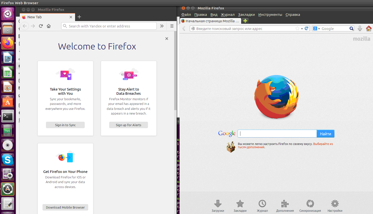 Запустились два браузера одновременно: Firefox 24 и firefox 70 в Linux Ubuntu