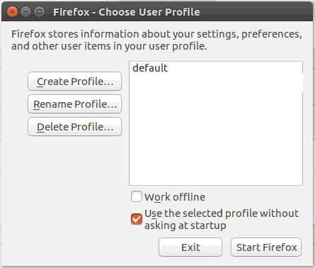 Окно менеджера профилей браузера Firefox 70 в Linux